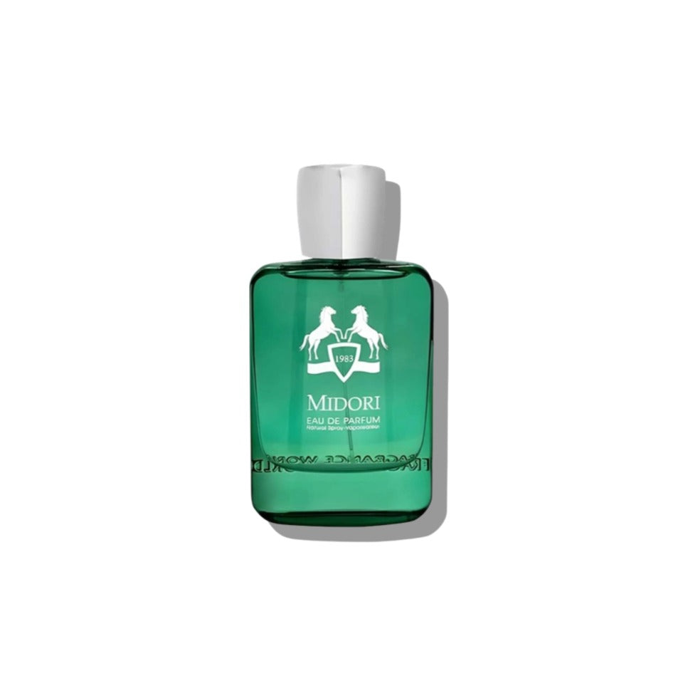 Fragrance World Midori Eau de Parfum 100ml bottle for men and women, elegant design with green accents.