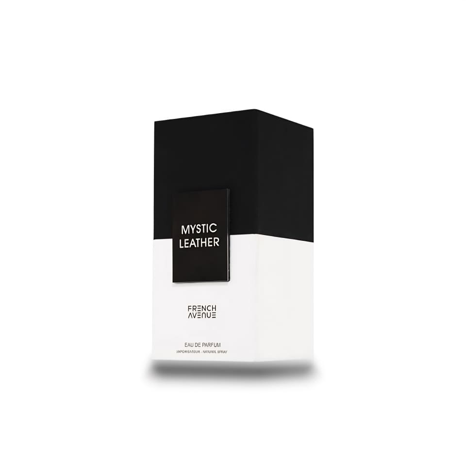 Fragrance World Mystic Leather eau de parfum for men, 100ml bottle with sleek leather-inspired design and masculine fragrance details