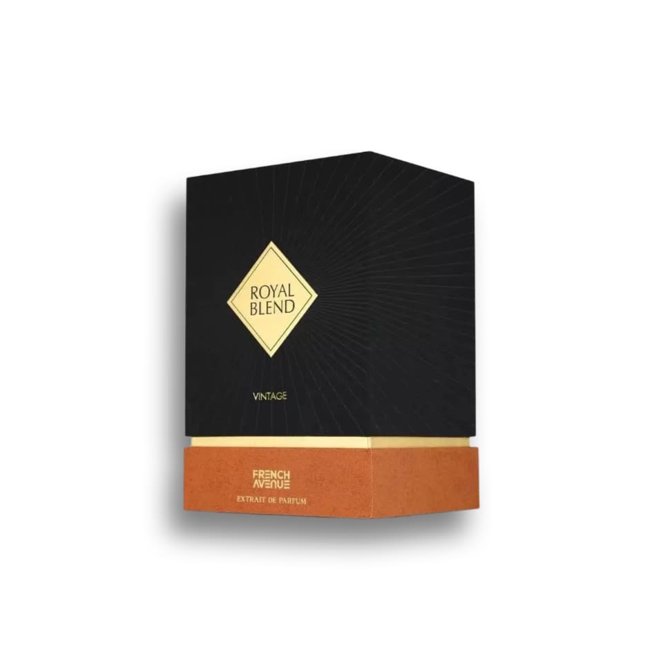 Fragrance World Royal Blend Vintage extrait de parfum 100ml for men and women, elegant glass bottle with gold accents.
