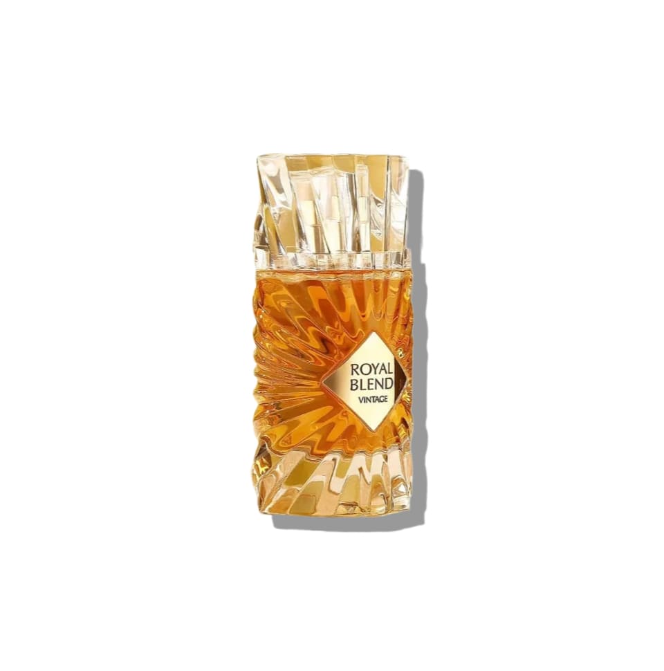 Fragrance World Royal Blend Vintage Extrait de Parfum 100ml bottle for men and women, elegant fragrance container with a sleek design.