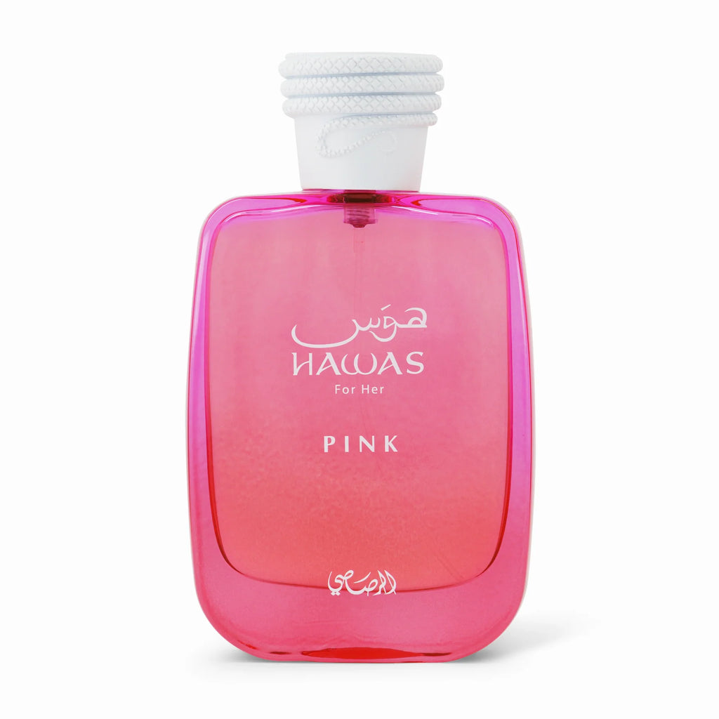 Rasasi Hawas Pink Eau De Parfum for women, 100ml bottle with pink-colored fragrance liquid, elegant floral design.