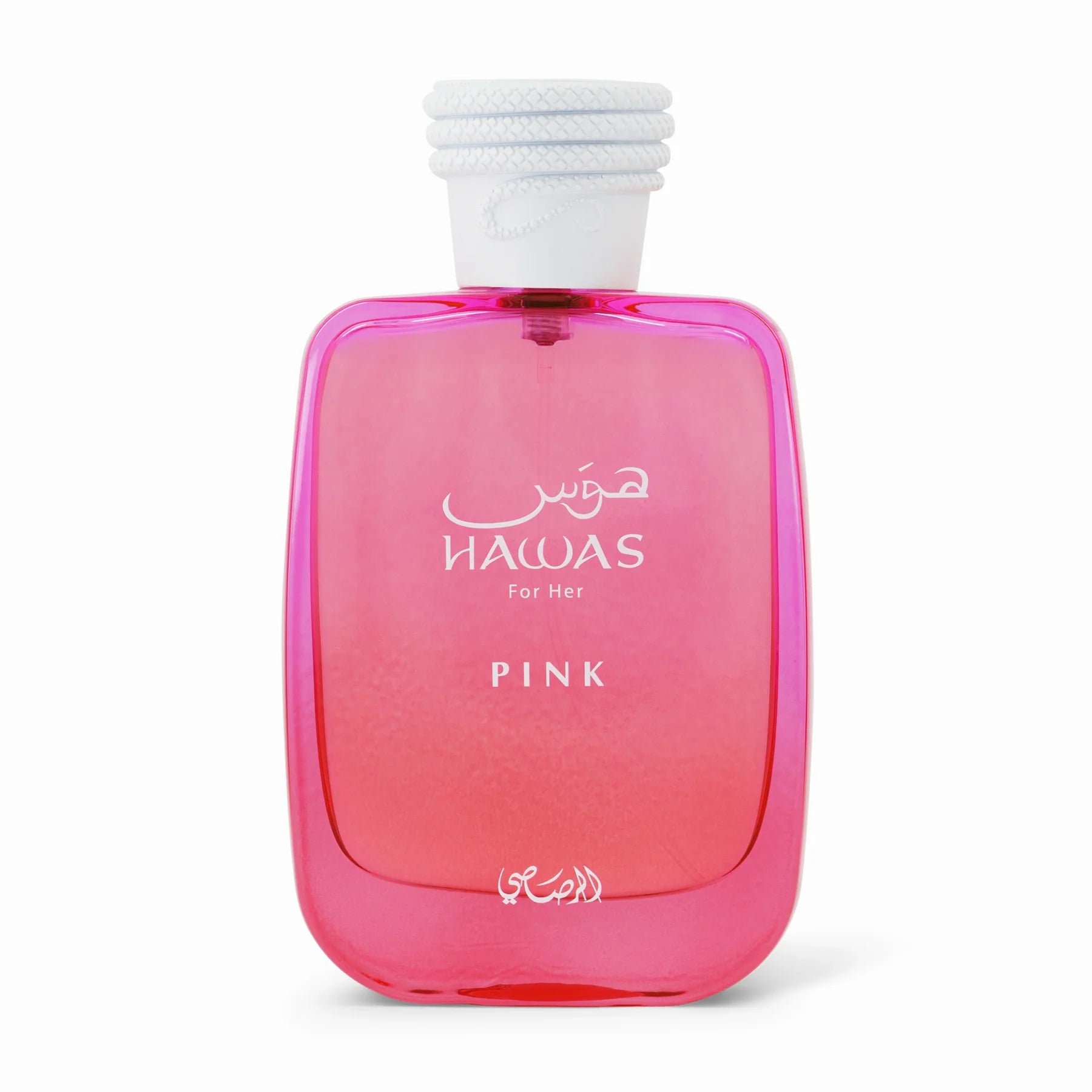 Rasasi Hawas Pink Eau De Parfum for women, 100ml bottle with pink-colored fragrance liquid, elegant floral design.