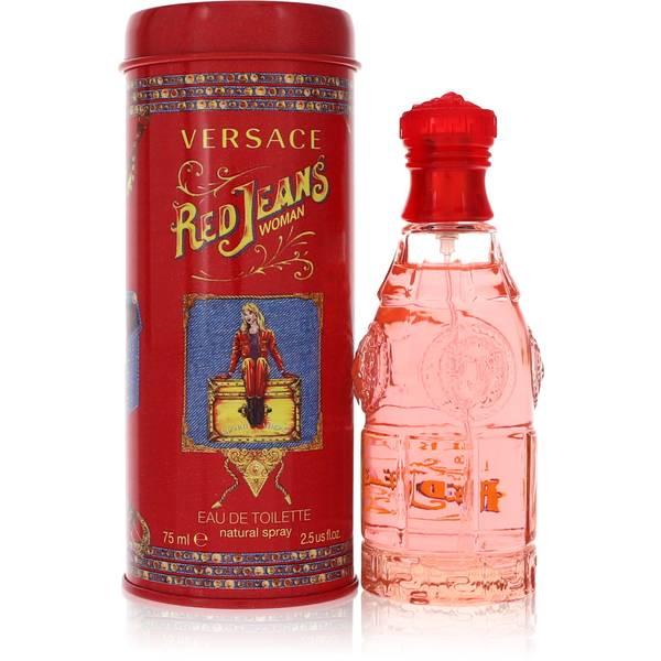 Versace Red Jeans Eau De Toilette for women, 75ml bottle, featuring a stylish red fragrance bottle with elegant branding and cap.