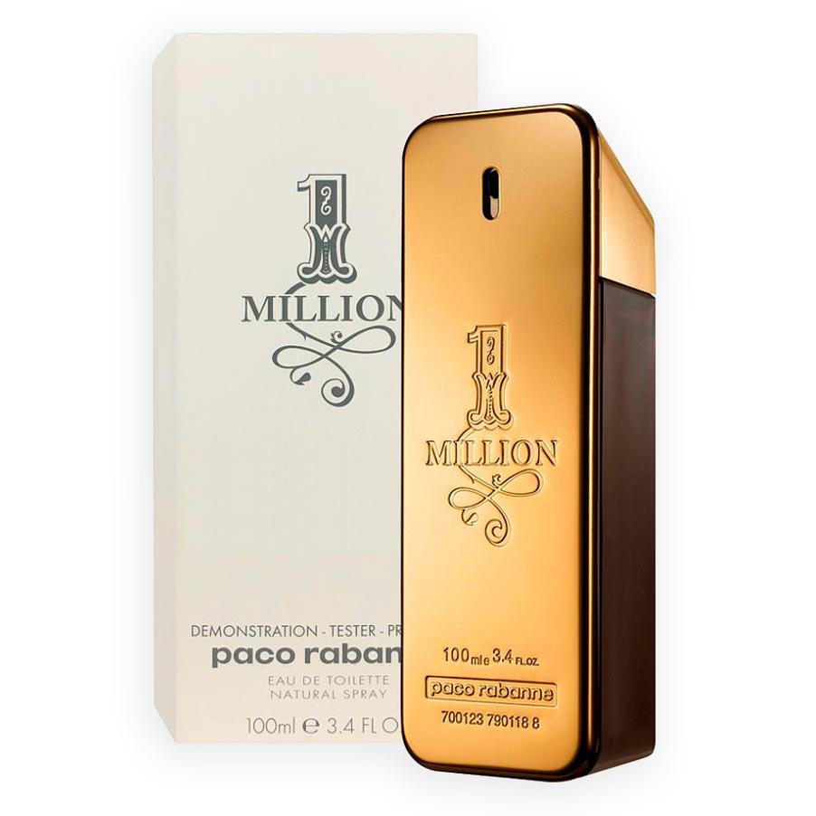 Tester Paco Rabanne 1 Million Eau De Toilette 100ml bottle with distinctive gold bar design and black cap, on a white background.