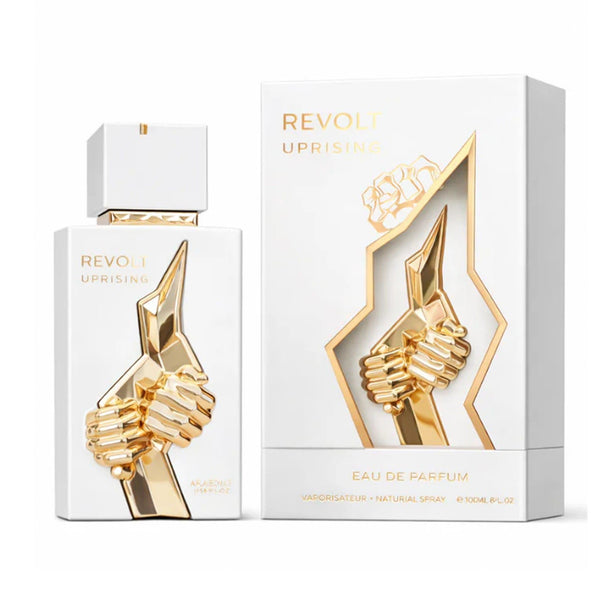 Arabiyat Prestige Revolt Uprising Eau De Parfum for men, 100ml bottle featuring modern design and elegant branding.