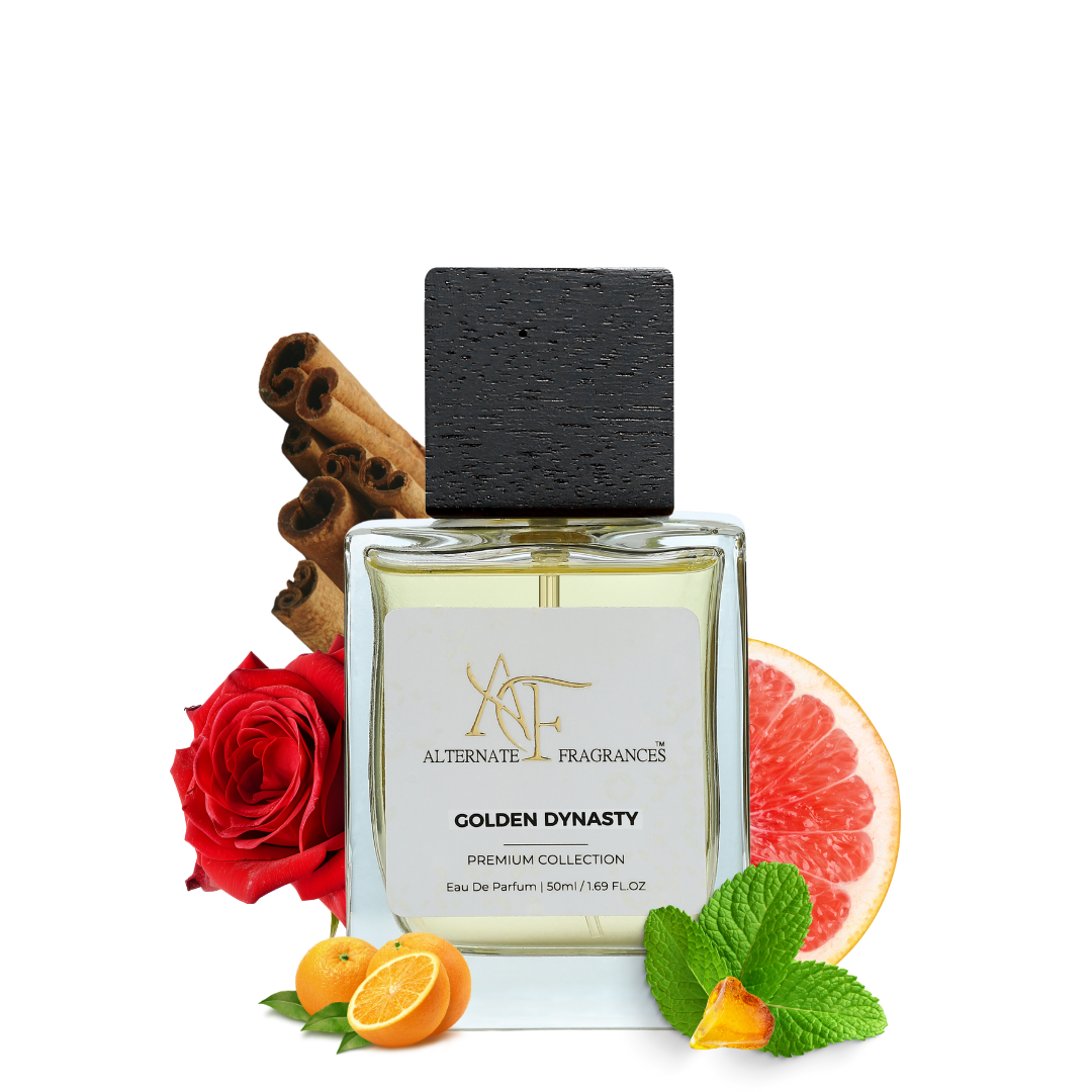 Golden Dynasty EDP perfume bottle from Rini Deals with a sleek gold design and elegant packaging.
