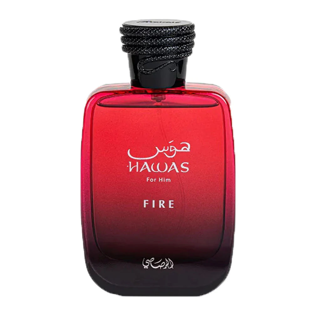 Rasasi Hawas Fire Eau De Parfum 100ml for men, featuring a sleek bottle with a silver cap and vibrant orange accents.