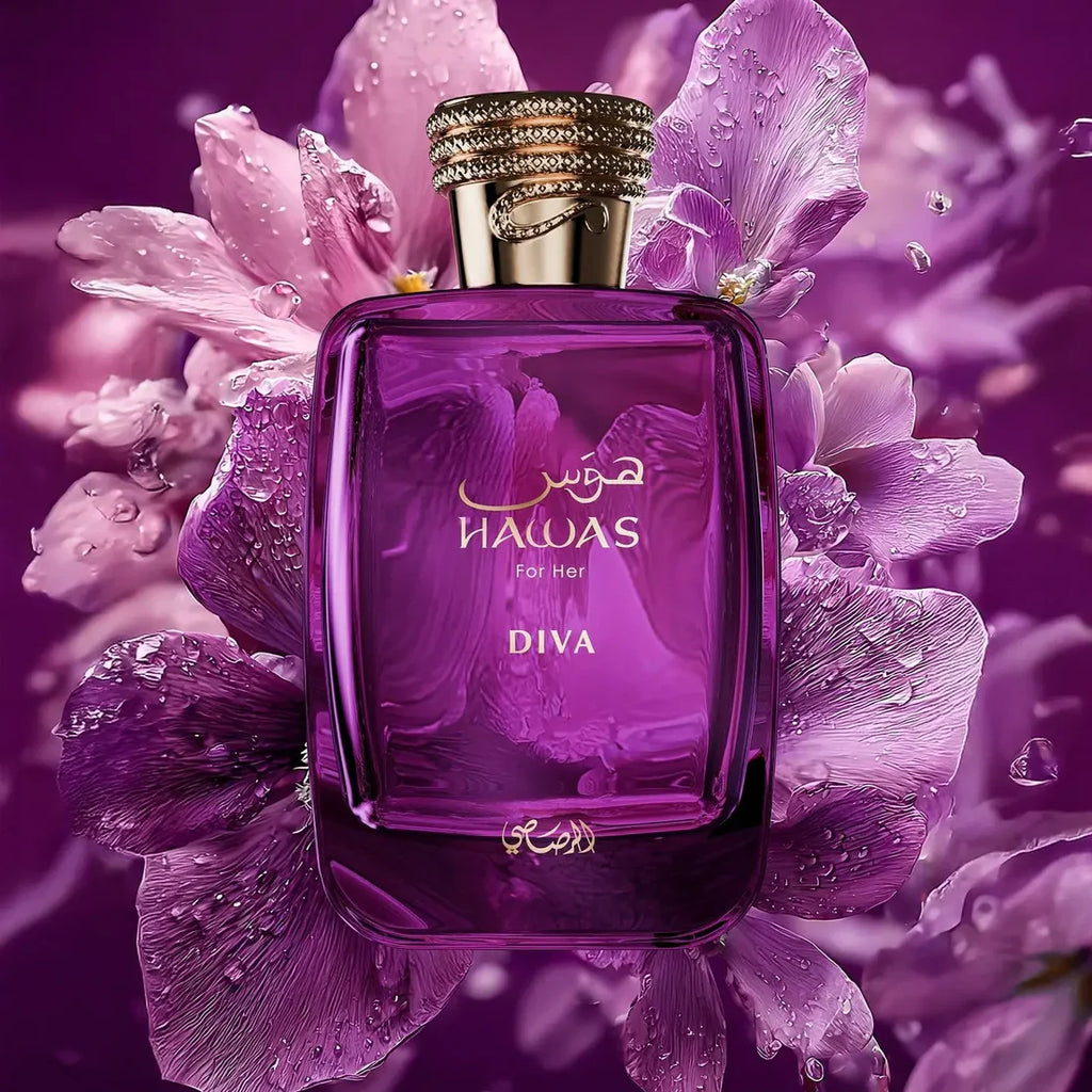 Rasasi Hawas Diva Eau De Parfum 100ml for women, elegant bottle with floral and fruity scent notes.