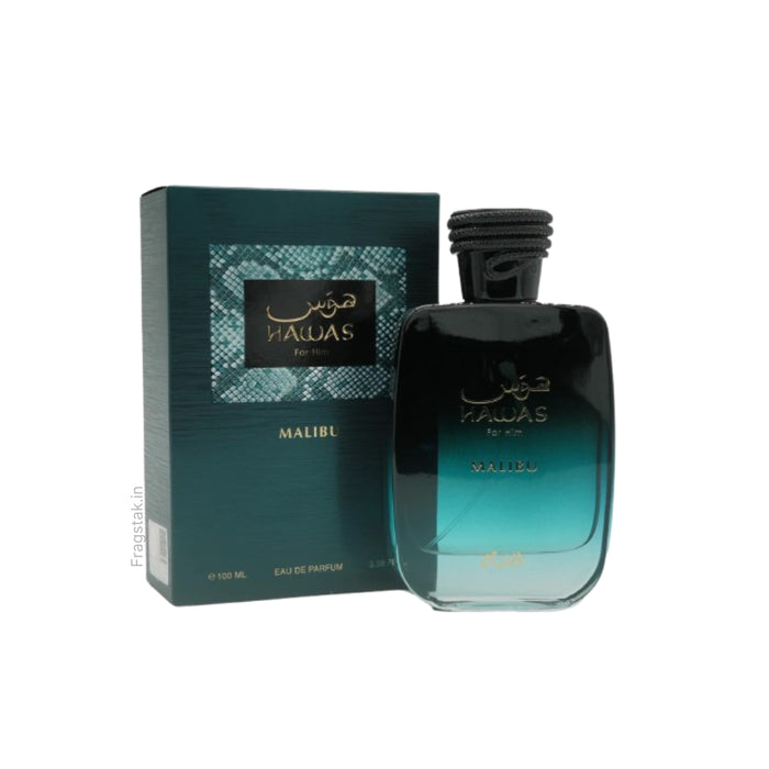 Rasasi Hawas Malibu Eau De Parfum 100ml for men and women, featuring a sleek bottle design and fresh, aquatic fragrance.