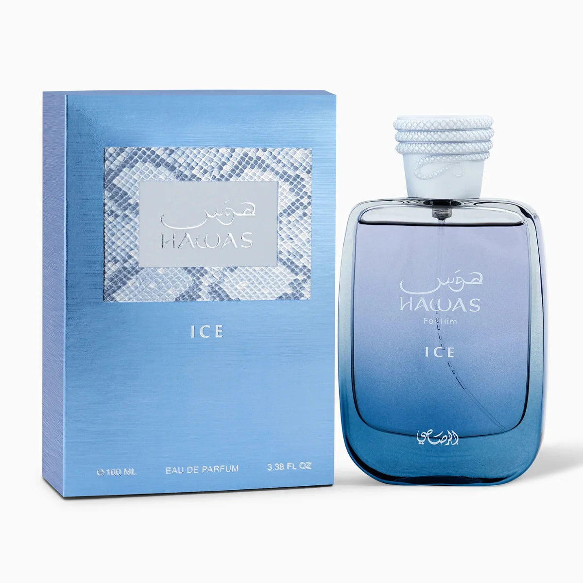 Rasasi Hawas Ice Eau De Parfum 100ml for men, featuring a sleek bottle with a silver cap and blue accents, on a neutral background.