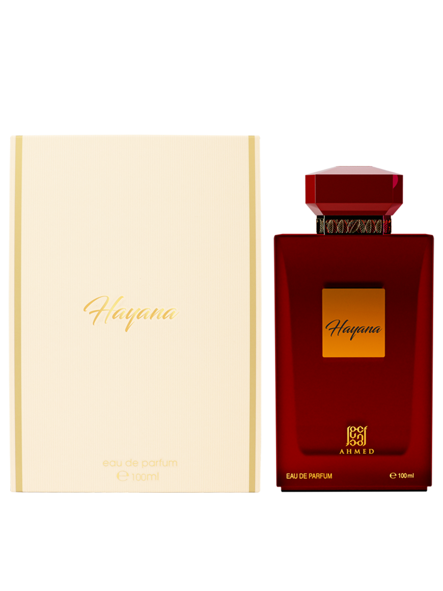 Ahmed Al Maghribi Hayana Eau de Parfum 100ml for men and women, featuring a sleek bottle design with a silver cap.