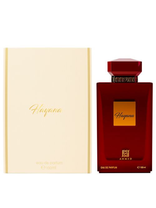 Ahmed Al Maghribi Hayana Eau de Parfum 100ml for men and women, featuring a sleek bottle design with a silver cap.