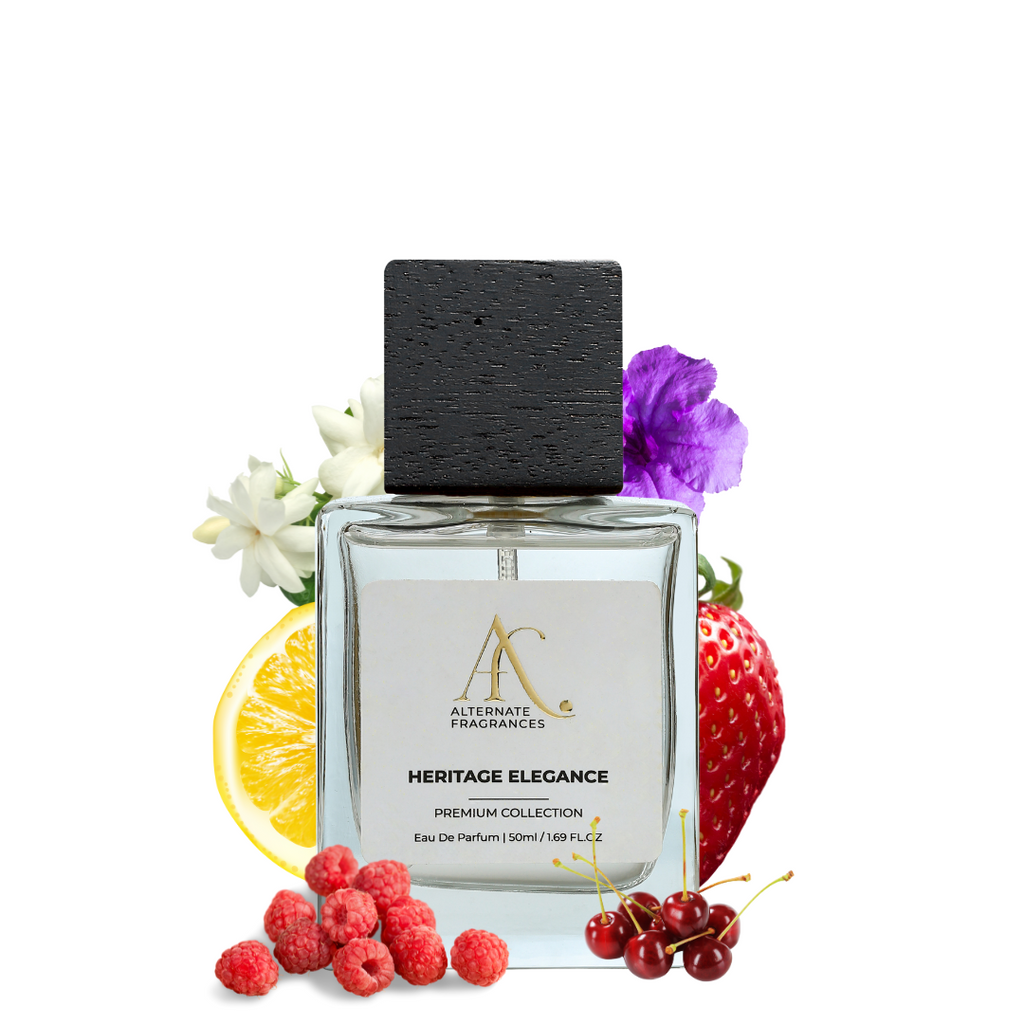 Heritage Elegance EDP by Rini Deals, featuring a sleek perfume bottle with intricate design and gold accents.