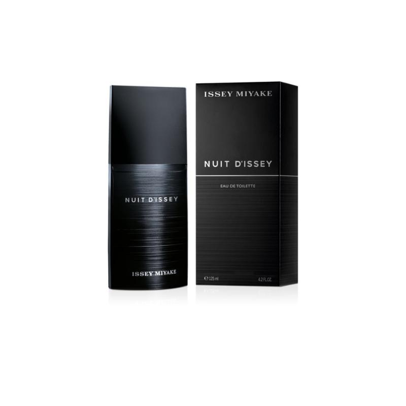 Issey Miyake Nuit D Issey men's parfum bottle with dark, minimalist design and metallic accents on a white background.