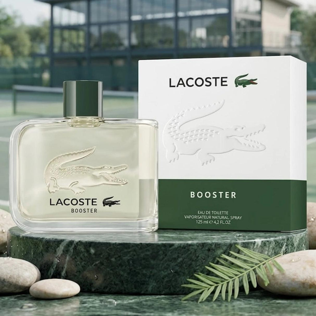 Lacoste Booster Eau de Toilette 125ml for men, featuring a sleek bottle with a green and white design, on a white background.