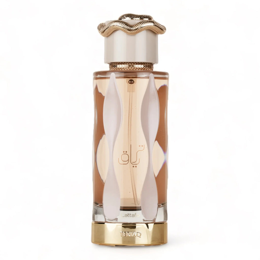 Lattafa Teriaq Eau De Parfum 100ml bottle, elegant glass design, for men and women, showcasing the perfume's luxurious packaging.