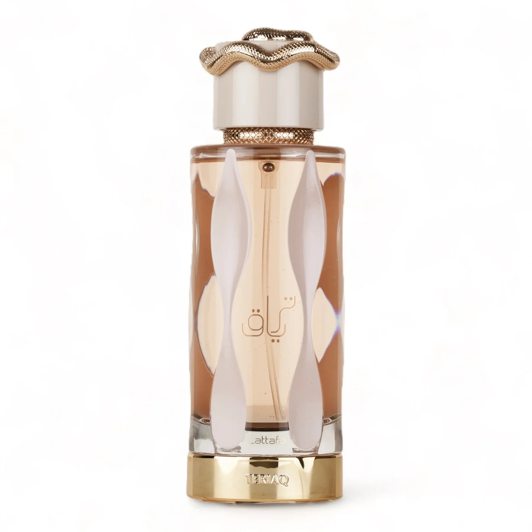 Lattafa Teriaq Eau De Parfum 100ml bottle, elegant glass design, for men and women, showcasing the perfume's luxurious packaging.