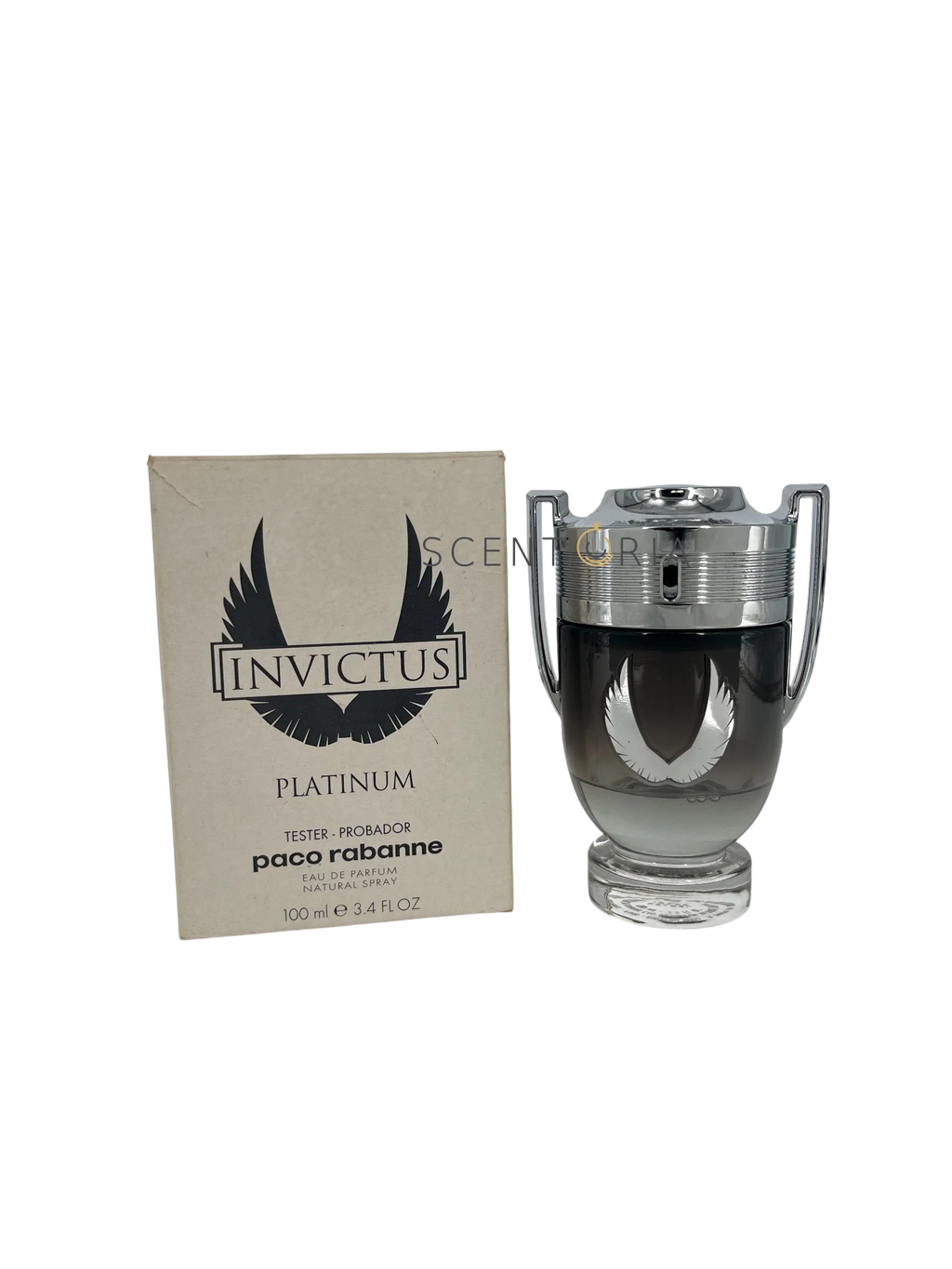 Tester Paco Rabanne Invictus Platinum Eau De Parfum 100ml bottle displayed, with sleek silver design and clear fragrance label.