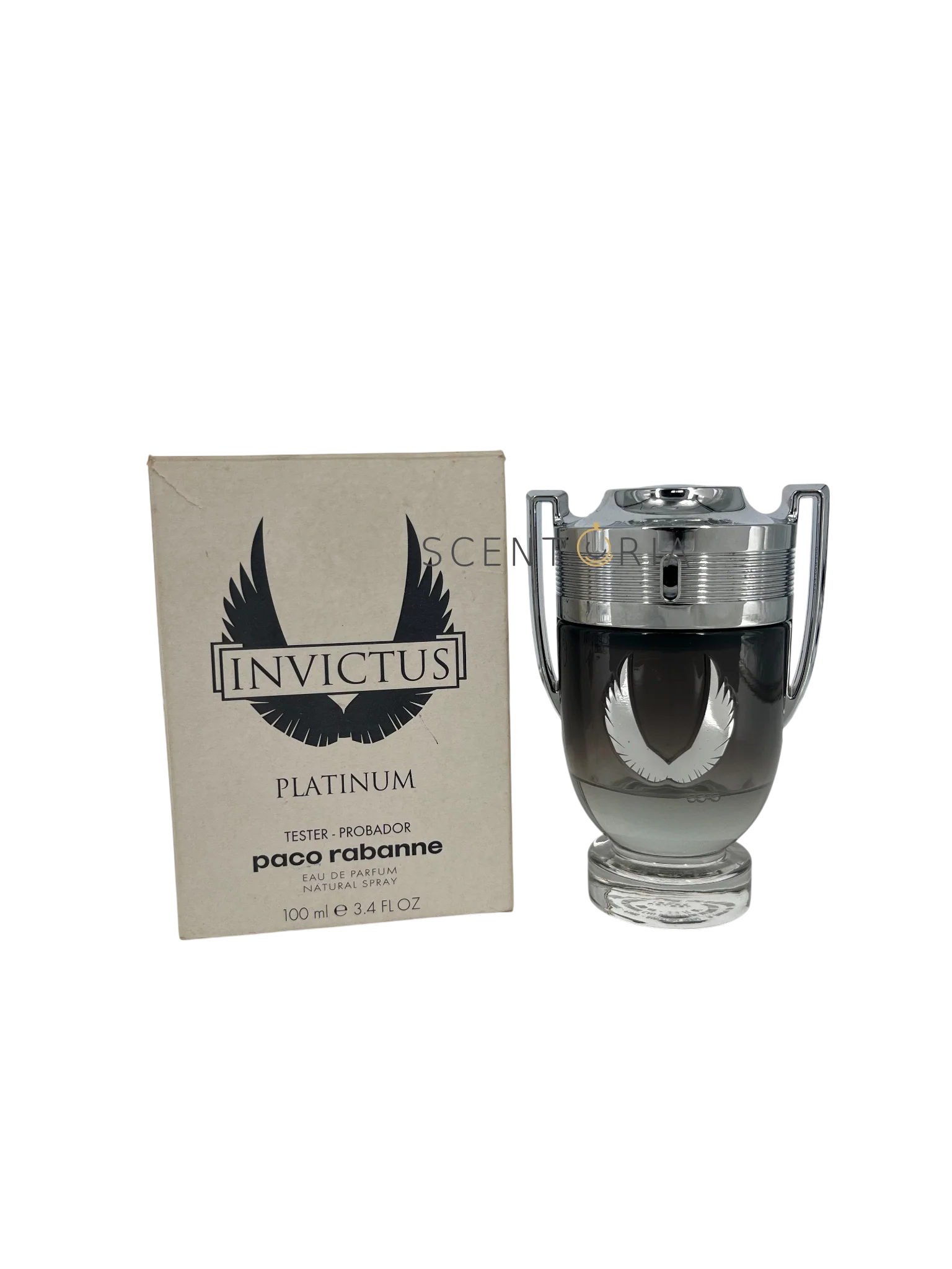 Tester Paco Rabanne Invictus Platinum Eau De Parfum 100ml bottle displayed, with sleek silver design and clear fragrance label.