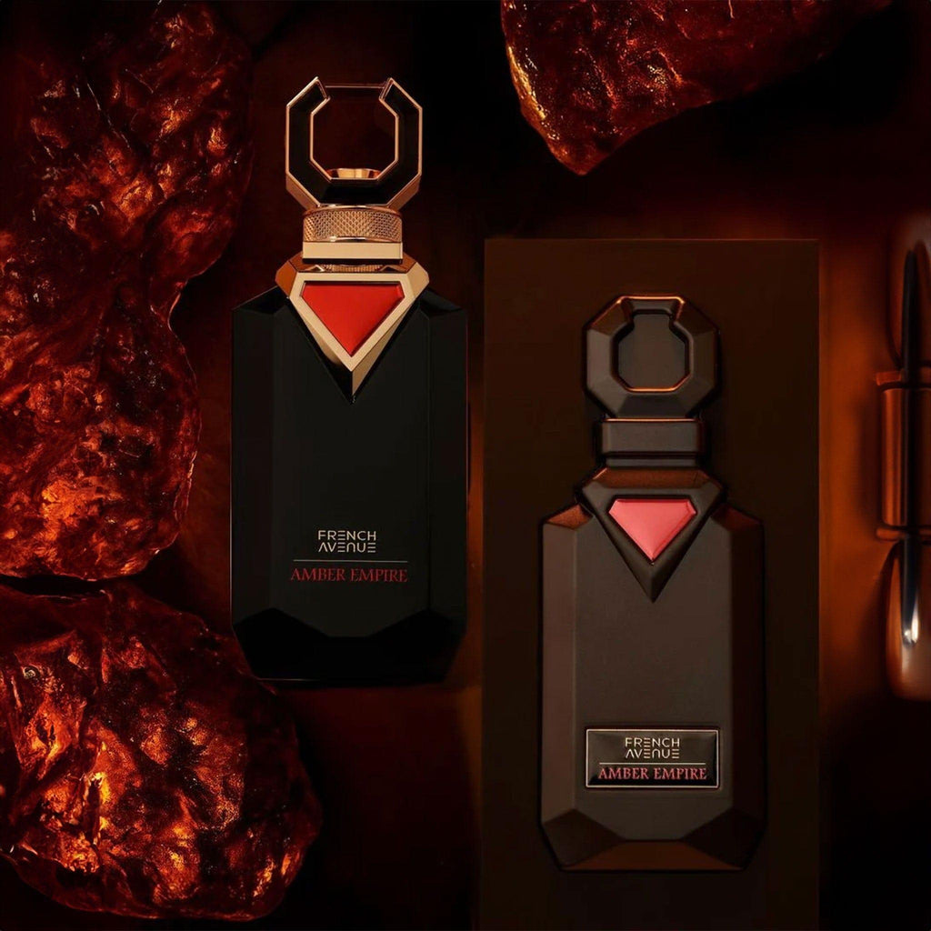 French Avenue Amber Empire Eau de Parfum unisex 100ml bottle with elegant amber-colored liquid and minimalist design.