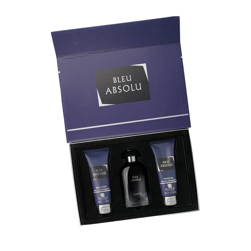 Riiffs Bleu Absolu Gift Set with two blue-themed fragrance bottles and packaging, showcasing elegant design and branding.