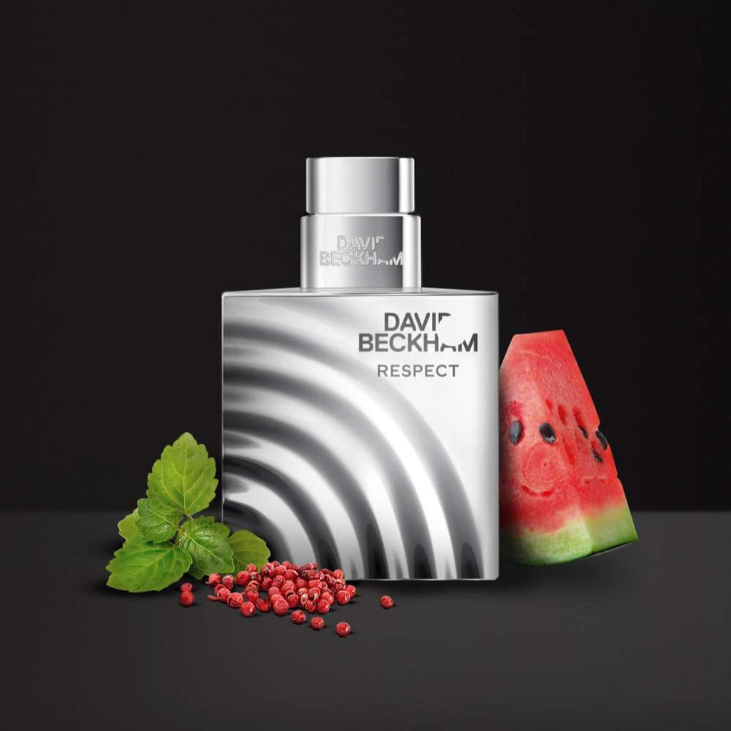 David Beckham Respect Eau De Toilette 90ml for Men bottle with sleek black and silver design, showcasing the fragrance spray.