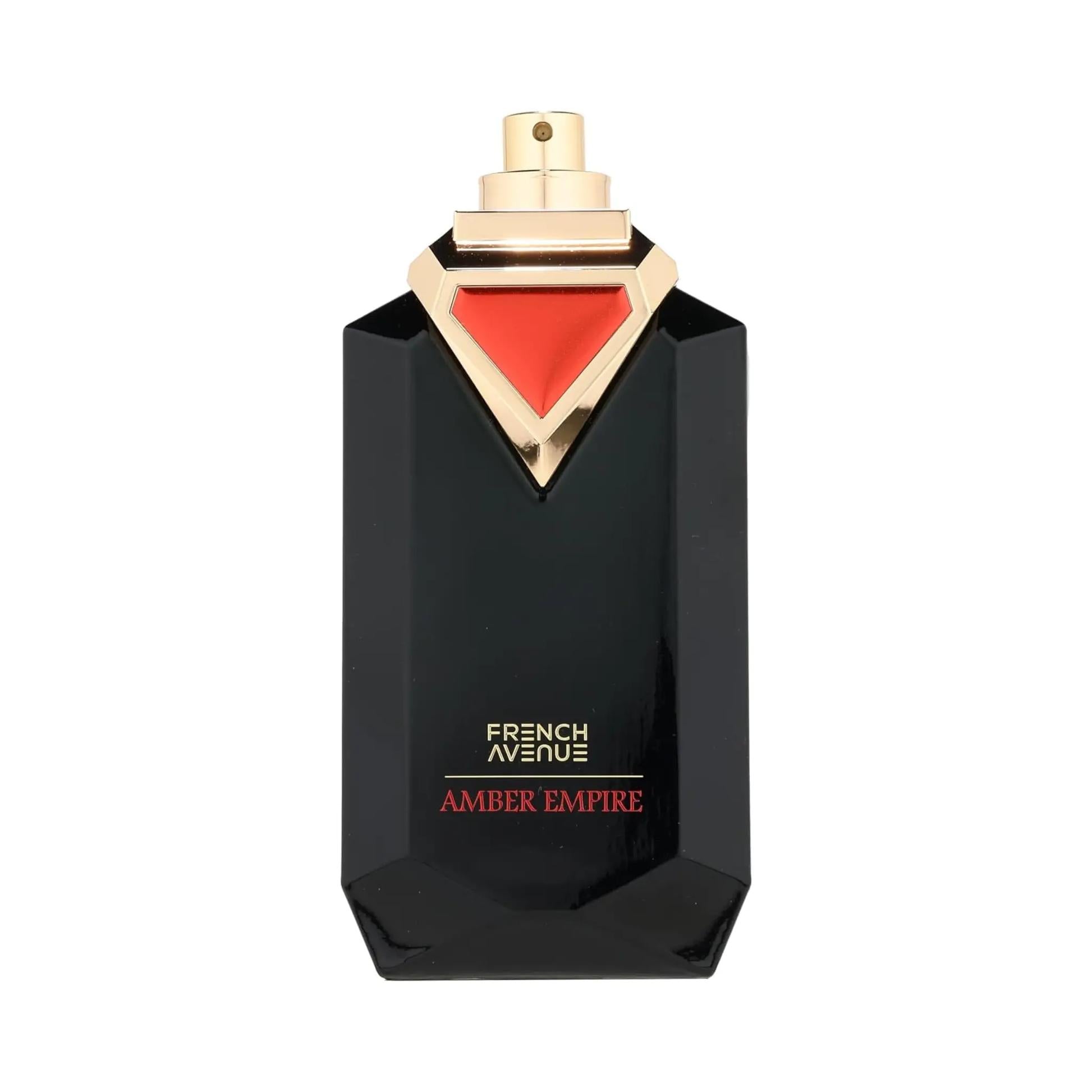 French Avenue Amber Empire Eau de Parfum unisex bottle with elegant label and cap, 100ml size, showcasing luxurious fragrance design.