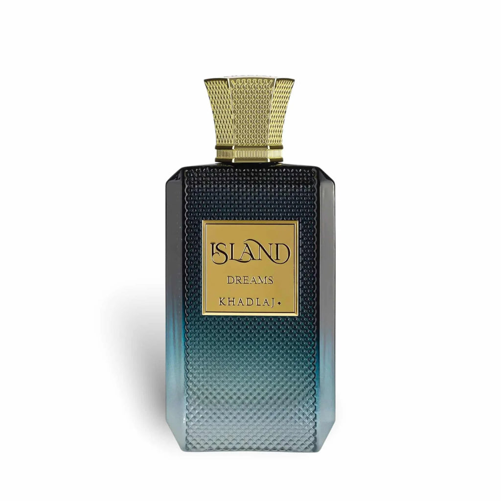 Khadlaj Island Dreams 100ml extrait de parfum bottle for men and women, with tropical-inspired fragrance and elegant packaging.