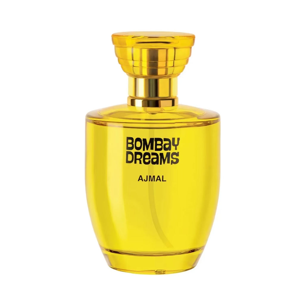 Ajmal Bombay Dreams Eau de Parfum 100ml bottle for men and women, elegant glass container with black cap on a reflective surface.