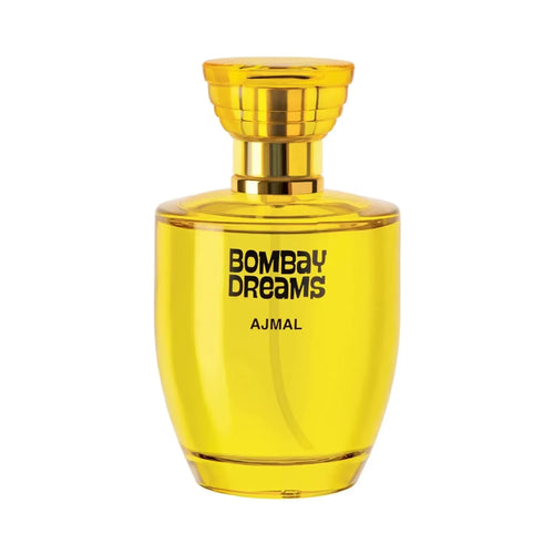 Ajmal Bombay Dreams Eau de Parfum 100ml bottle for men and women, elegant glass container with black cap on a reflective surface.