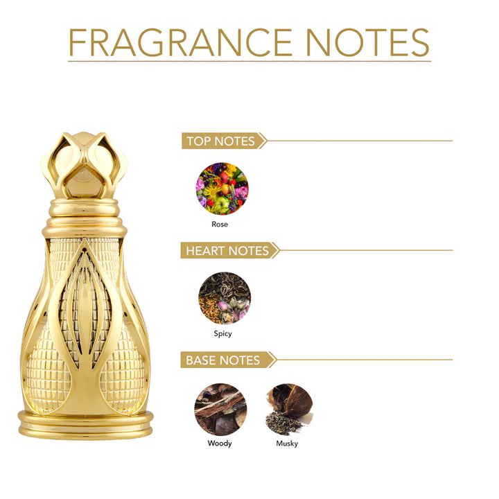Ajmal Khofooq concentrated perfume oil (attar) for men and women, featuring a sleek glass bottle with gold accents.
