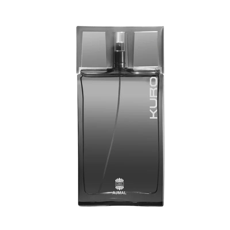 Ajmal Kuro Eau De Parfum for Men bottle with sleek black design and silver accents, displayed on a neutral background.