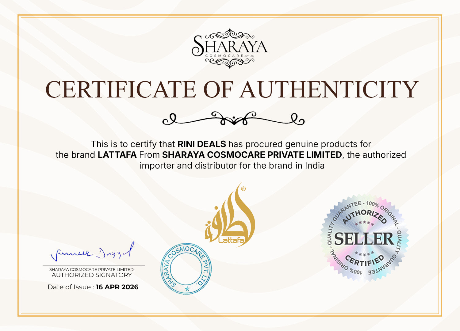 LATTAFA Certificate