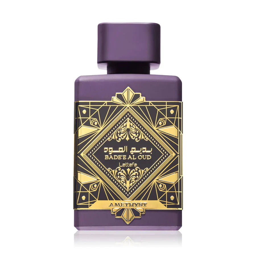 Lattafa Oud for Glory Bade'e Al Oud Amethyst Eau De Parfum 100ml bottle, unisex fragrance with elegant purple packaging.