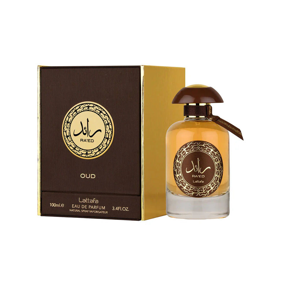 Lattafa Raed Oud perfume bottle for men and women, 100ml, with elegant design and luxurious aroma.