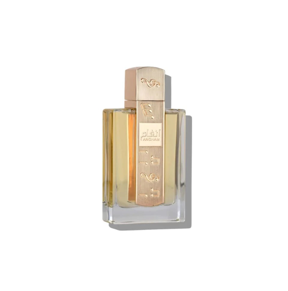 Lattafa Angham Eau De Parfum for women in a 100ml bottle, showcasing the elegant perfume bottle design.