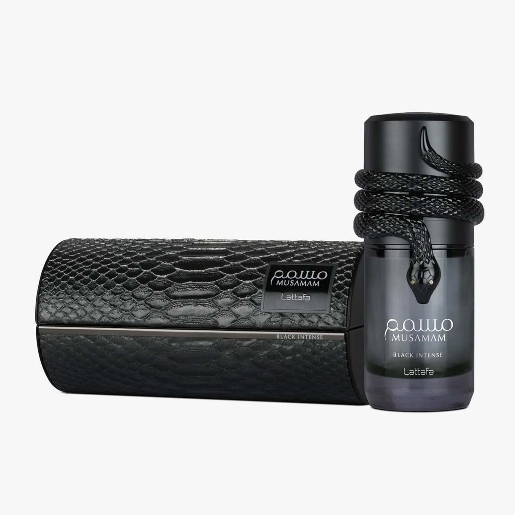 Lattafa Musamam Black Intense perfume bottle, 100ml, unisex fragrance with dark packaging, for men and women.