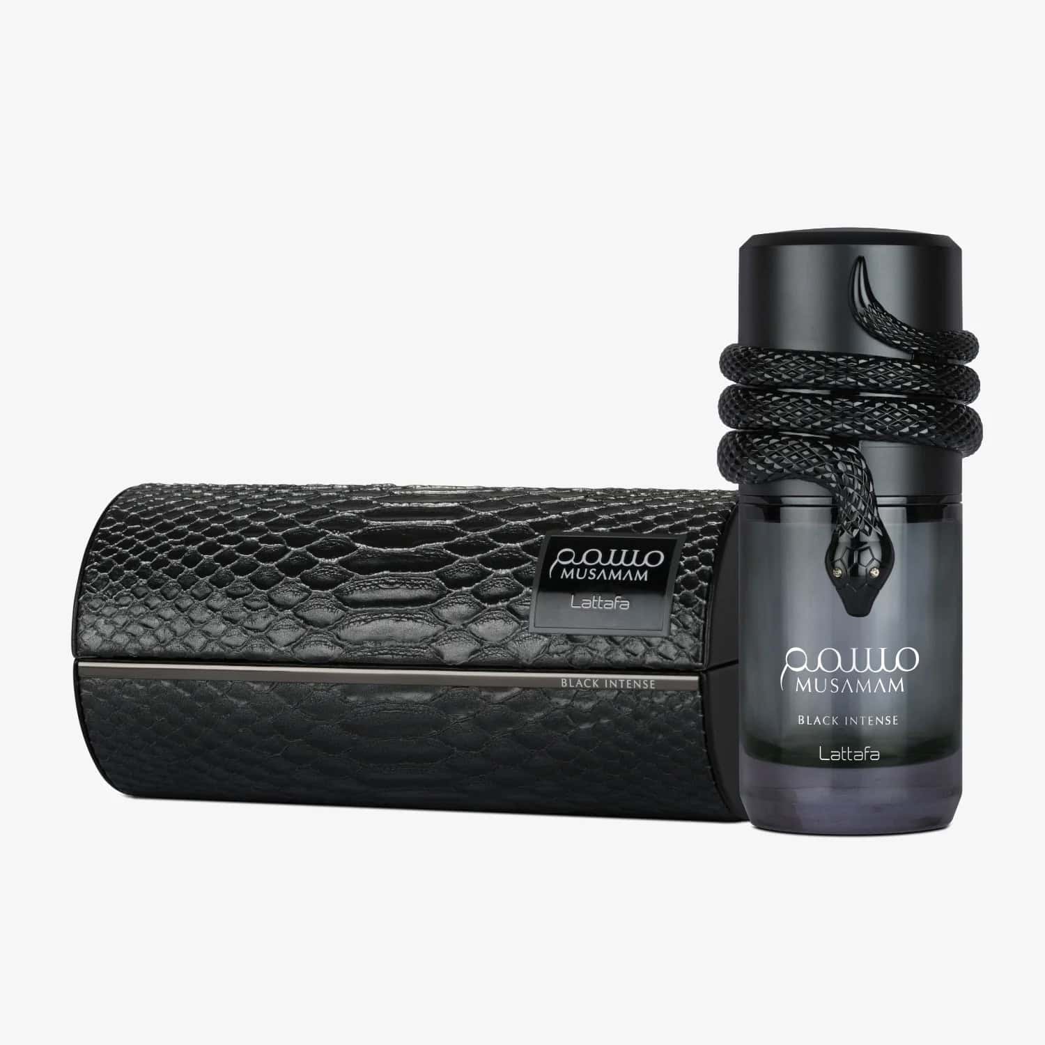 Lattafa Musamam Black Intense perfume bottle, 100ml, unisex fragrance with dark packaging, for men and women.