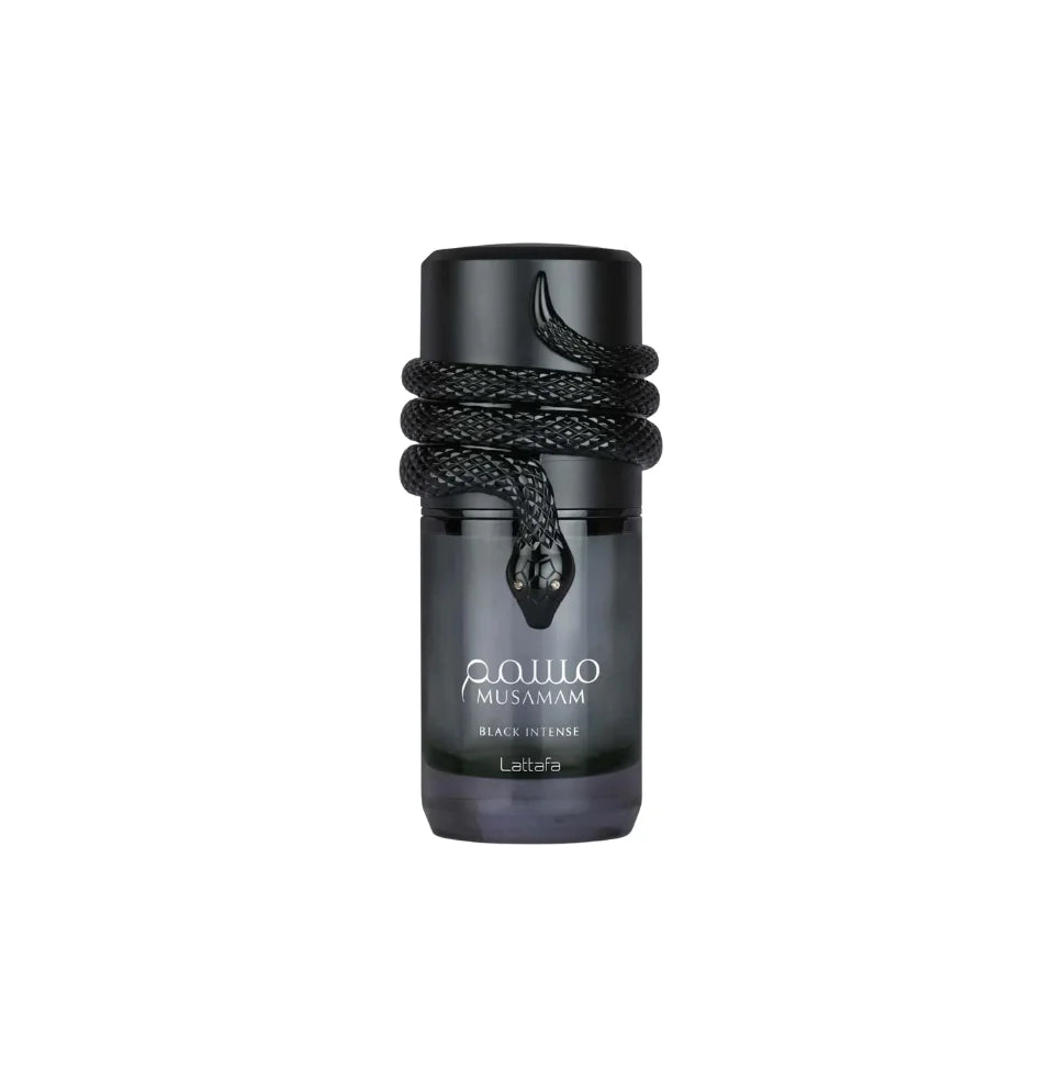 Lattafa Musamam Black Intense perfume bottle, 100ml, unisex fragrance for men and women, sleek black design.