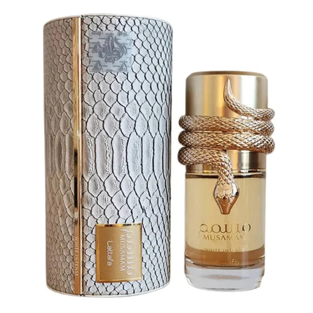 Lattafa Musamam White Intense Eau de Parfum 100ml for men and women, showcasing the elegant white bottle and luxurious perfume.