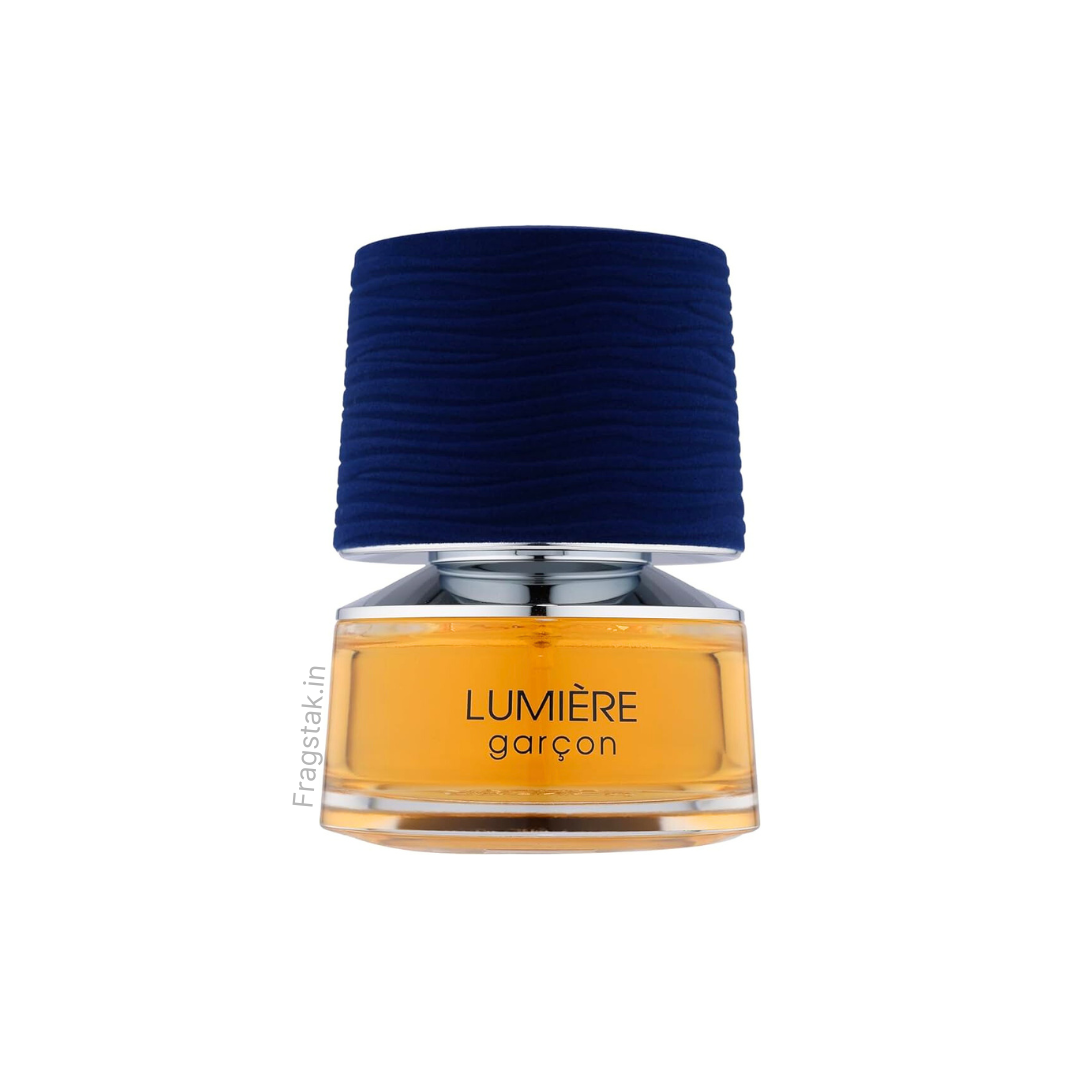 Fragrance World Lumiere Garcon Eau de Parfum for men, 100ml bottle with sleek black cap and modern packaging.