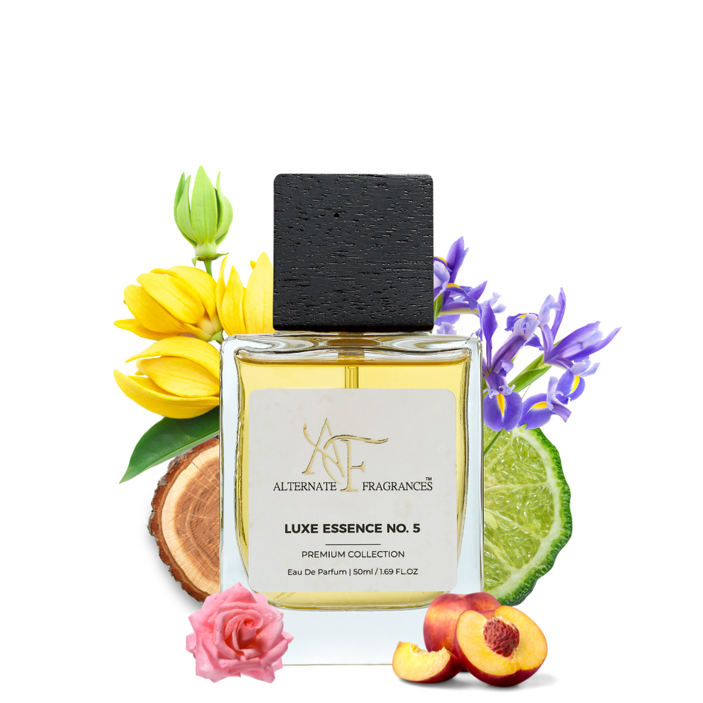 Bottle of Luxe Essence No. 5 EDP perfume by Rini Deals, showcasing elegant packaging and floral fragrance design.