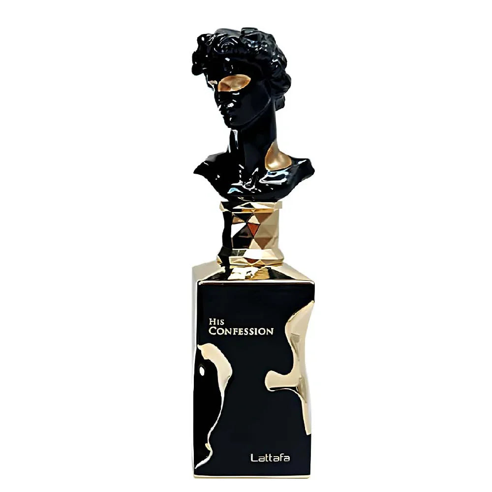 Lattafa His Confession Eau De Parfum 100ml for men, featuring the sleek bottle design and elegant packaging.