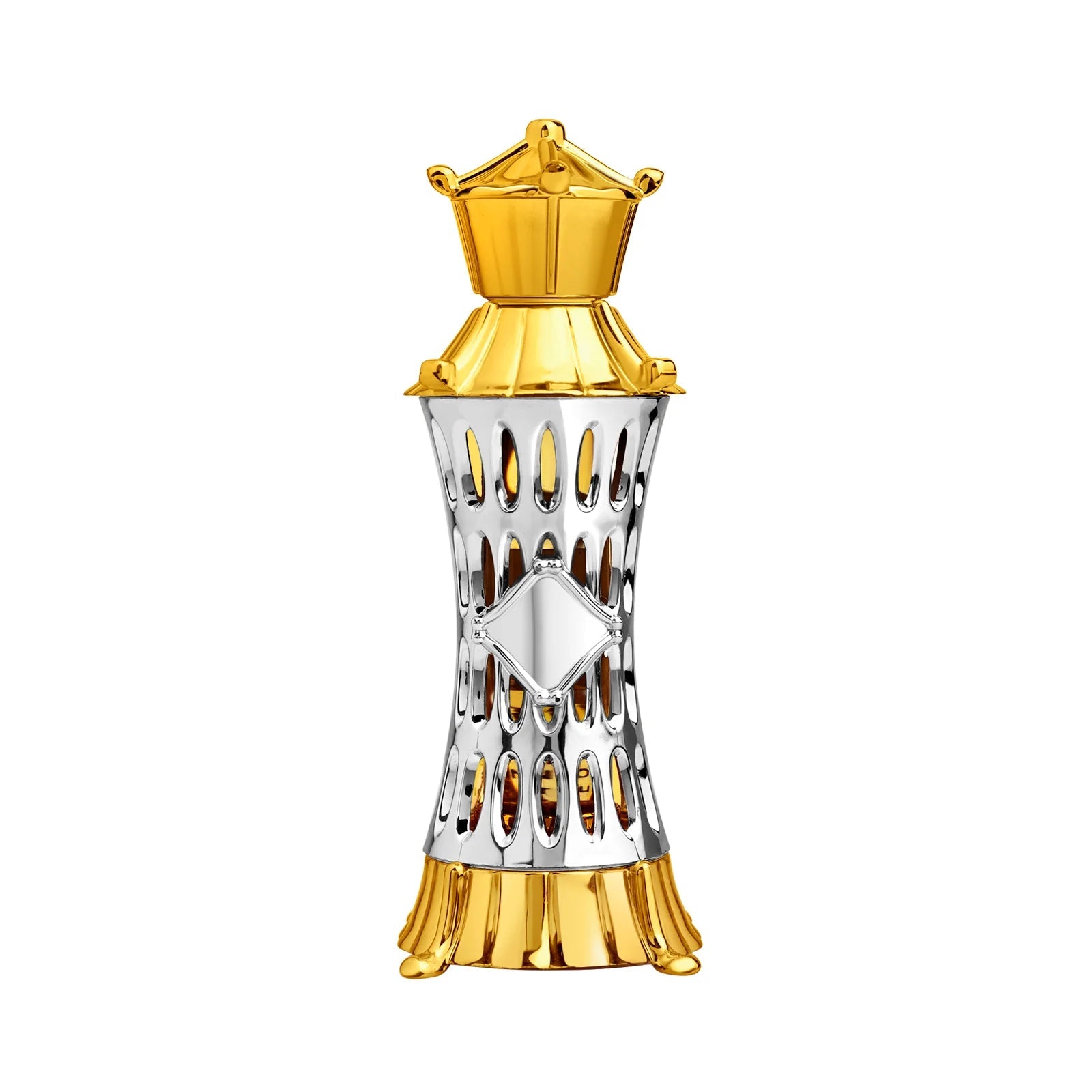 The AJMAL MIZYAAN CONCENTRATED PERFUME OIL (ATTAR) 14ML features a gold and silver bottle with a crown-shaped cap and intricate lattice design, ideal for stylishly storing this unisex perfume oil.