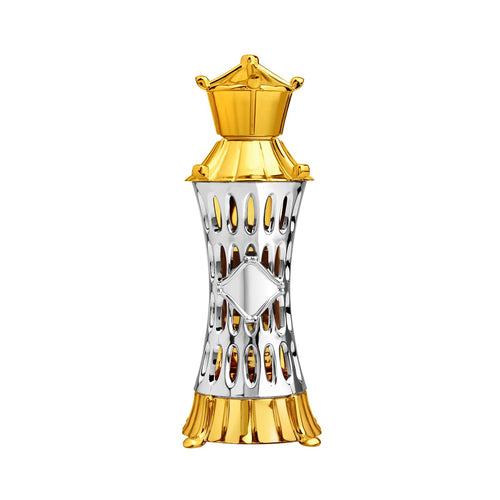 The AJMAL MIZYAAN CONCENTRATED PERFUME OIL (ATTAR) 14ML features a gold and silver bottle with a crown-shaped cap and intricate lattice design, ideal for stylishly storing this unisex perfume oil.