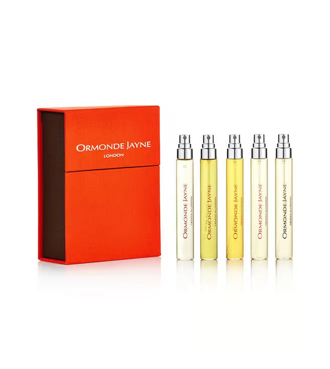 Ormonde Jayne Travel Lab 2 unisex perfume set with five 8ml bottles displayed in a sleek packaging, ideal for travel.