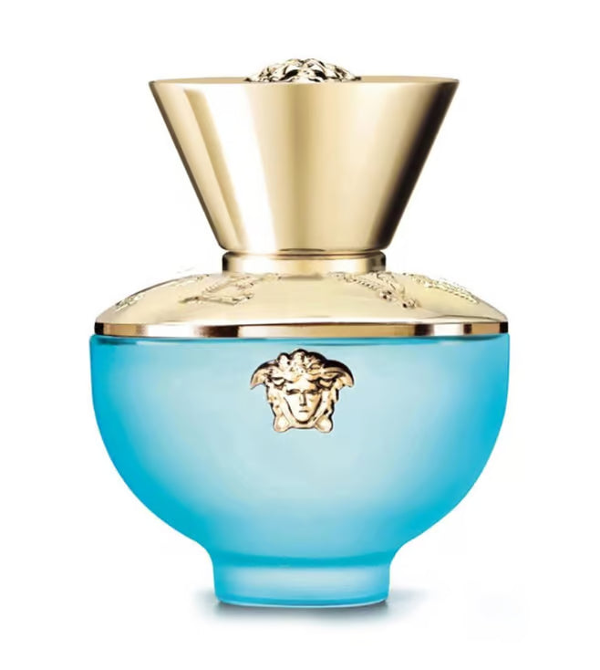 Versace Dylan Turquoise Eau De Toilette for Women, 100ml bottle with turquoise packaging and elegant design.