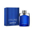 Montblanc Legend Blue Eau De Parfum for Men bottle with blue liquid, featuring sleek design and minimalist branding.