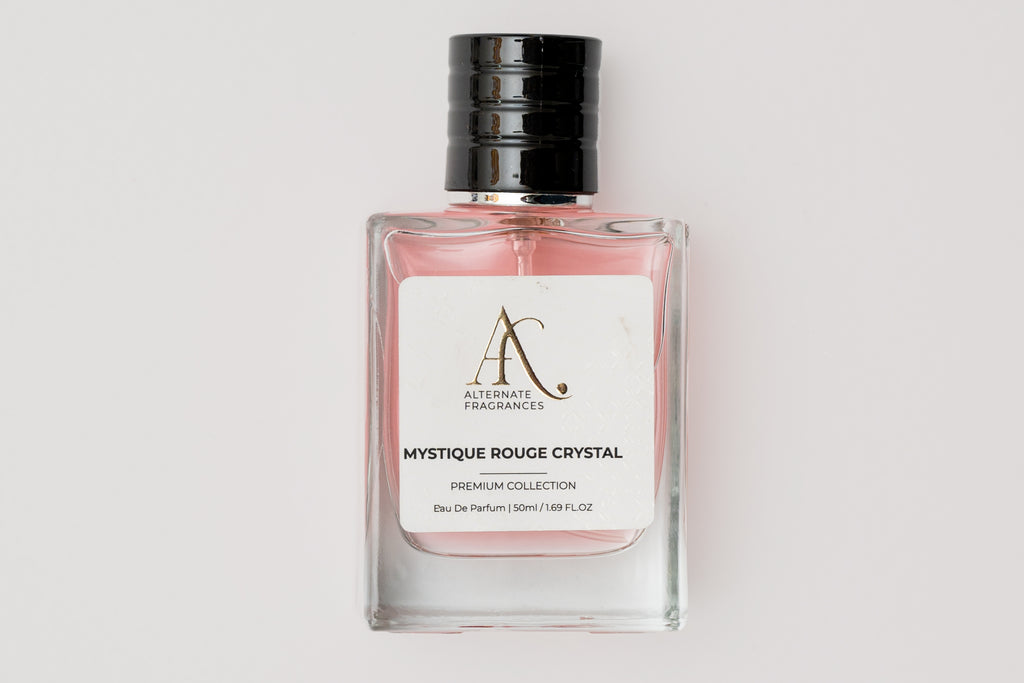 Mystique Rouge Crystal EDP bottle with elegant design, 50ml perfume by Rini Deals featuring a luxurious fragrance.