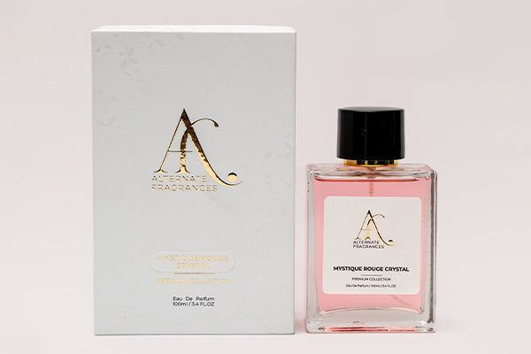 Rini Deals Mystique Rouge Crystal EDP perfume bottle with box, 100ml, elegant floral fragrance with red and gold accents.